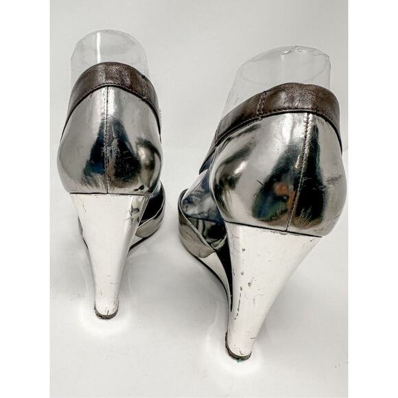 Marciano Women's Silver Leather Peep-Toe Wedge Heel Silver And Brown Size 8.5 - Picture 9 of 15
